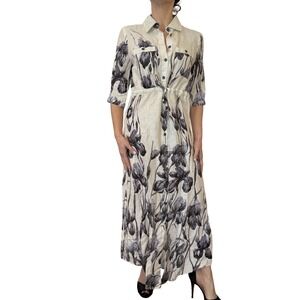 Interdee Paris Linen Iris Floral Midi Maxi Shirt Dress Beige 1/2 Sleeve S NWT